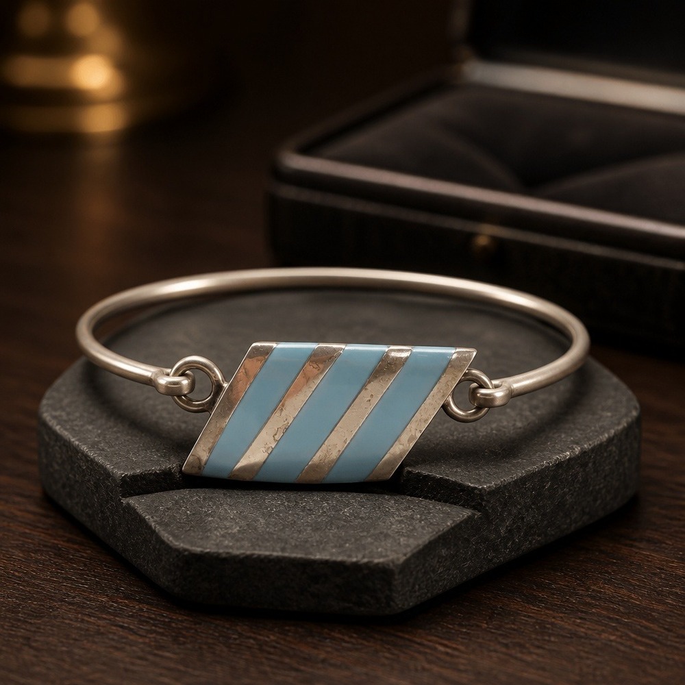 Vintage Mexican Sterling Silver Enamel Striped Bangle‎ Bracelet Blue Geometric
